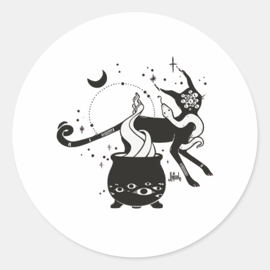 Zwarte kat-heks met Cauldron, Gothische kunst Ronde Sticker (Voorkant)