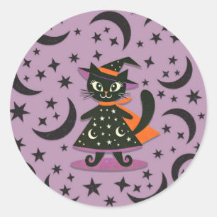 Zwarte Kat Heks Paarse Maan Sterren Halloween Fees Ronde Sticker