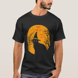 Zwarte Kat Heks Volle Maan Vintage Halloween Manne T-shirt