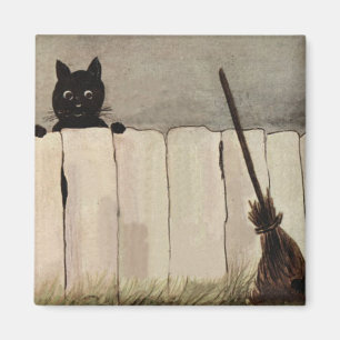 Zwarte kat heksenbezem magneet
