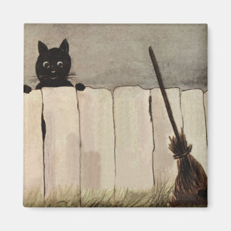 Zwarte kat heksenbezem magneet