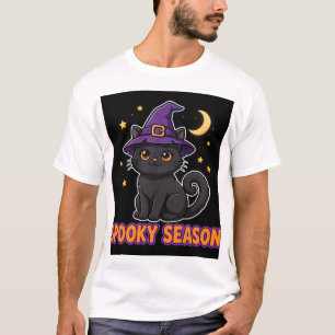 Zwarte Kat Heksenhoed Halloween T-Shirt