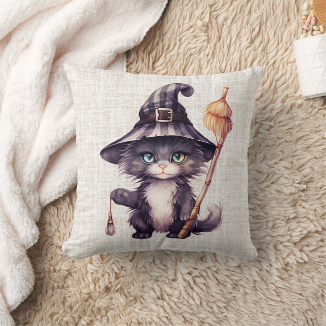 Zwarte Kat Heksenhoed Jute Halloween Kussen (Deken)