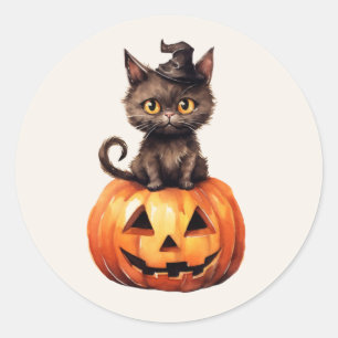 Zwarte Kat Heksenhoed Oranje Jack O Lantern Pompoe Ronde Sticker