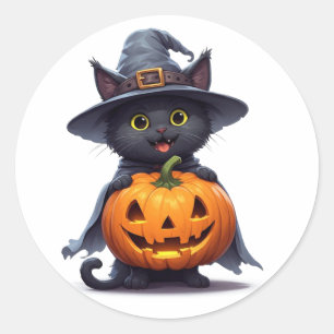 Zwarte Kat Heksenhoed Pompoen Halloween Decoratie Ronde Sticker
