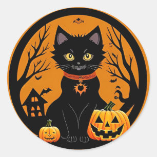 Zwarte kat heksenhoed pompoen Halloween scène Ronde Sticker