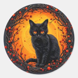 Zwarte Kat Heksenhoed Pompoen Halloween Schattig Ronde Sticker