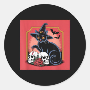 Zwarte Kat Heksenhoed Schedels Rozen Vleermuizen H Ronde Sticker