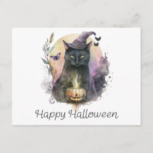 Zwarte Kat Heksenhoed Vlinders Prettig Halloween Feestdagenkaart