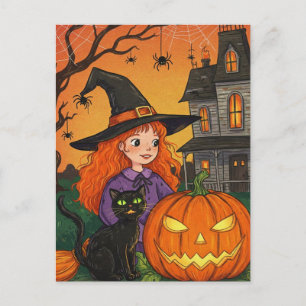 Zwarte kat heksenspinnen pompoen Halloween Briefka Briefkaart