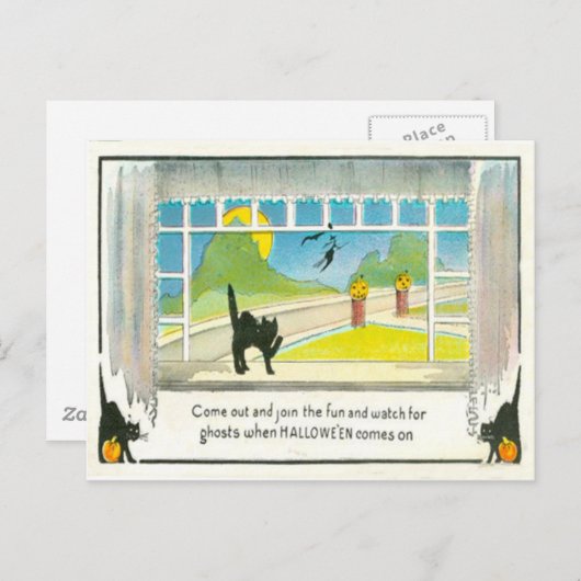 Zwarte kat heksenvenster Jack O lantaarn pompoen m Briefkaart (Voorkant / Achterkant)