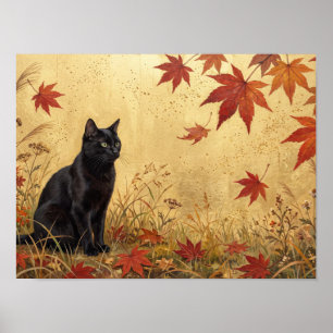 Zwarte Kat Herfst Esdoornbladeren Kunst Poster