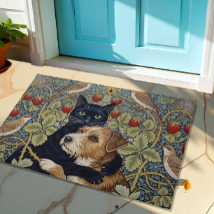 Zwarte kat & hond omhelzing, Bloemen Nieuwe Kunst Deurmat