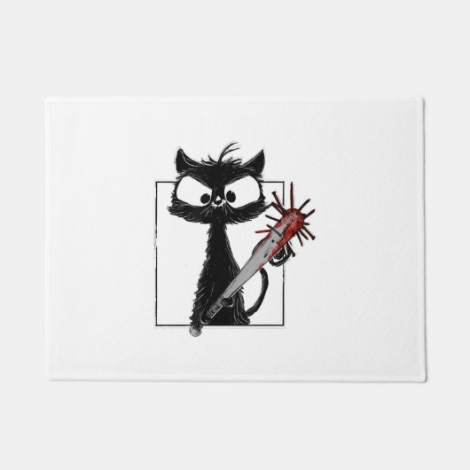 Zwarte Kat Honkbal Horror Halloween Deurmat (Voorkant)