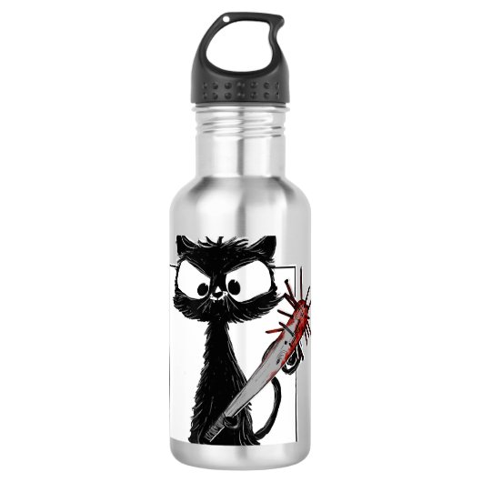 Zwarte Kat Honkbal Horror Halloween Waterfles (Voorkant)