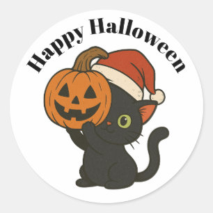 Zwarte Kat Houdt Pompoen Halloween vast Ronde Sticker