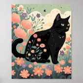 Zwarte kat illustratie in een veld van bloemen poster (Voorkant)