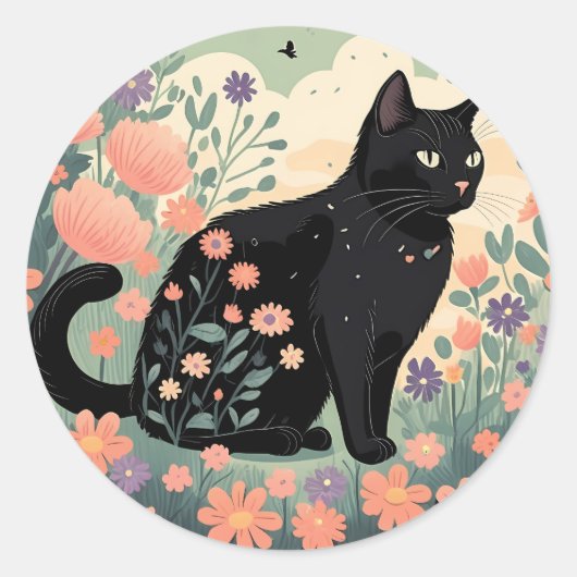 Zwarte kat illustratie in een veld van bloemen ronde sticker (Voorkant)
