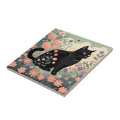 Zwarte kat illustratie in een veld van bloemen tegeltje (Zijkant)