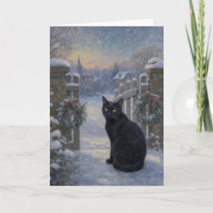 Zwarte Kat Impressionistische Kerstkaart Feestdagen Kaart