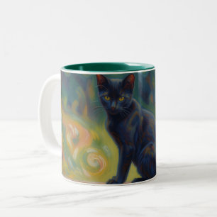 Zwarte Kat Impressionistische Kunst Kat Liefhebber Tweekleurige Koffiemok