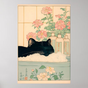Zwarte kat in badkuip Japanse badkamerprint Poster