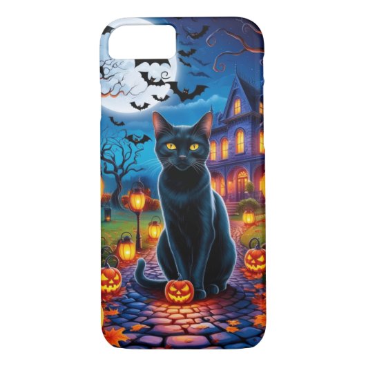 Zwarte kat in betoverd Halloween-landschap Case-Mate iPhone Case (Achterkant)