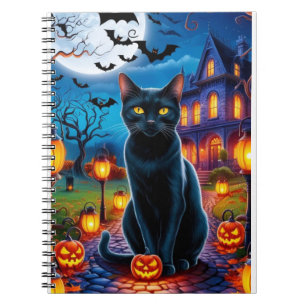 Zwarte kat in betoverd Halloween-landschap Notitieboek