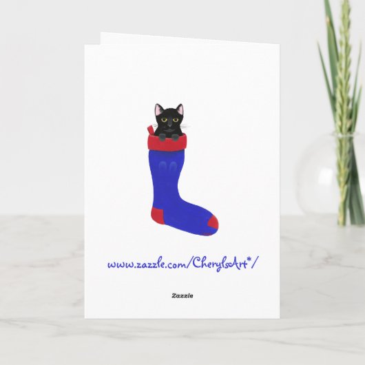 Zwarte kat in blauw kerstkaartjes feestdagen kaart (Achterkant)