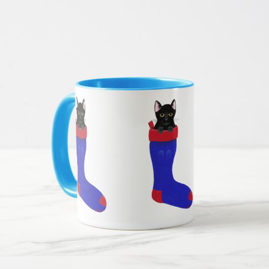Zwarte kat in blauw kerststooking Mok (Voorkant links)