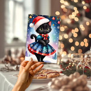 Zwarte kat in blauwe skaterrok platte kerstkaart