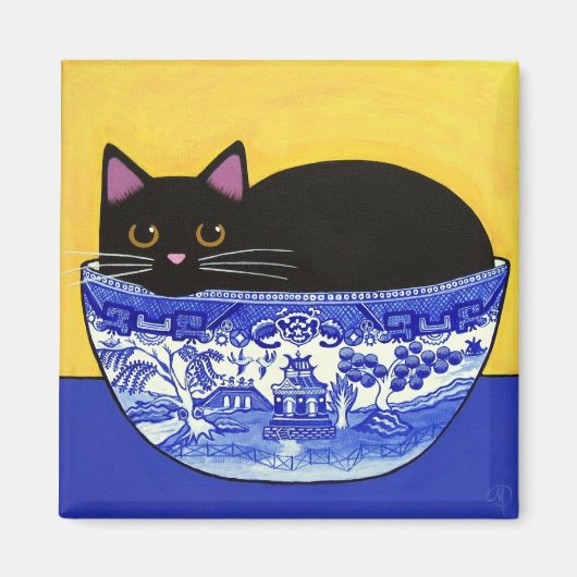 Zwarte KAT in Blauwe Willow Bowl Vierkante Magneet (Voorkant)