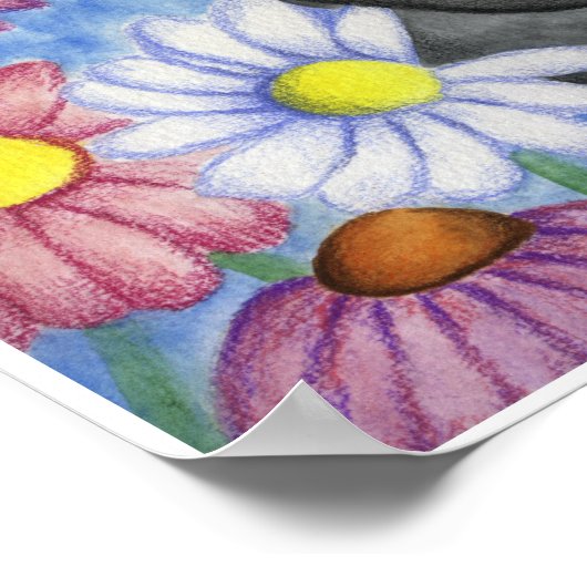 Zwarte kat in bloemen Art Poster (Hoek)