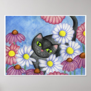 Zwarte kat in bloemen Art Poster