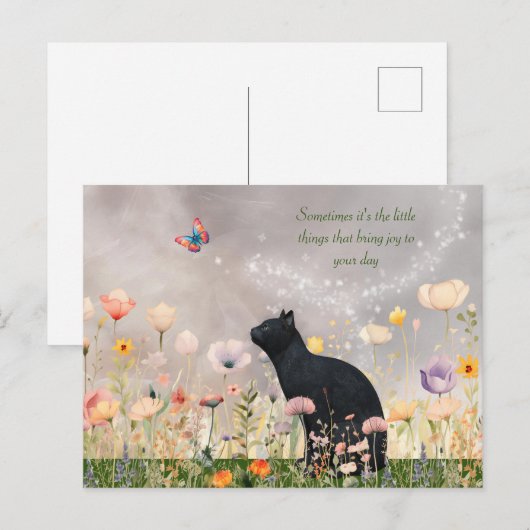 Zwarte kat in bloemen briefkaart (Voorkant / Achterkant)