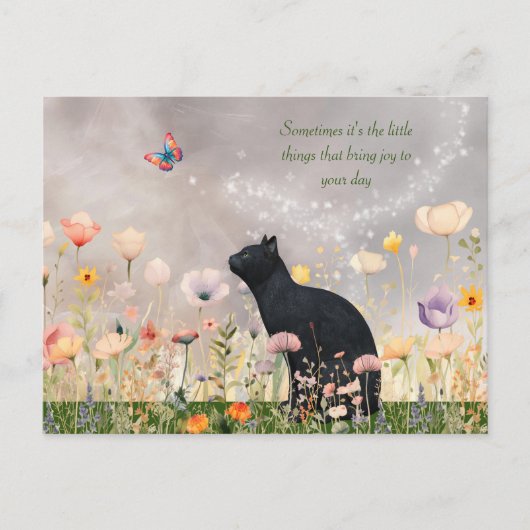 Zwarte kat in bloemen briefkaart (Voorkant)