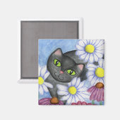 Zwarte Kat In Bloemen Magneet (Voorkant / Achterkant)
