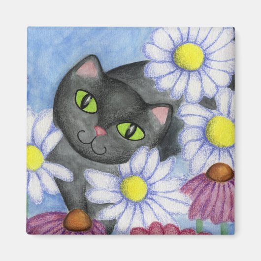 Zwarte Kat In Bloemen Magneet (Voorkant)