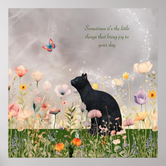 Zwarte kat in bloemen poster (Voorkant)