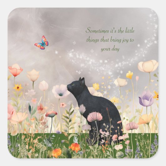 Zwarte kat in bloemen vierkante sticker (Voorkant)