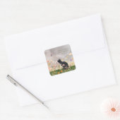 Zwarte kat in bloemen vierkante sticker (Envelop)