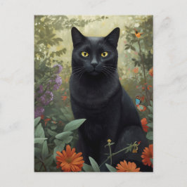 Zwarte kat in bloementuin Briefkaart