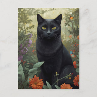Zwarte kat in bloementuin Briefkaart