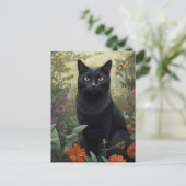 Zwarte kat in bloementuin Briefkaart (Staand voorkant)