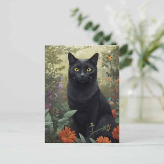 Zwarte kat in bloementuin Briefkaart (Staand voorkant)