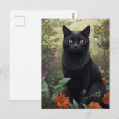 Zwarte kat in bloementuin Briefkaart (Voorkant / Achterkant)