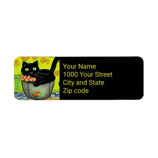 Zwarte kat in bloempje etiket (Voorkant)