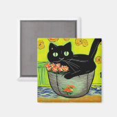Zwarte kat in bloempje magneet (Voorkant / Achterkant)