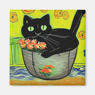 Zwarte kat in bloempje magneet