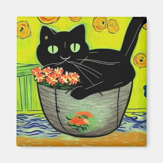 Zwarte kat in bloempje magneet (Voorkant)